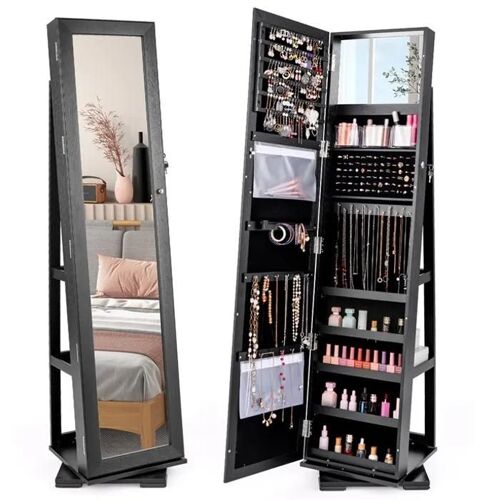 Armoire à Bijoux Pivotante à 360 Degrés COSTWAY, Grand Miroir Psyché, Porte Verrouillable, 3 Etagères de Rangement à Arrière, Noir