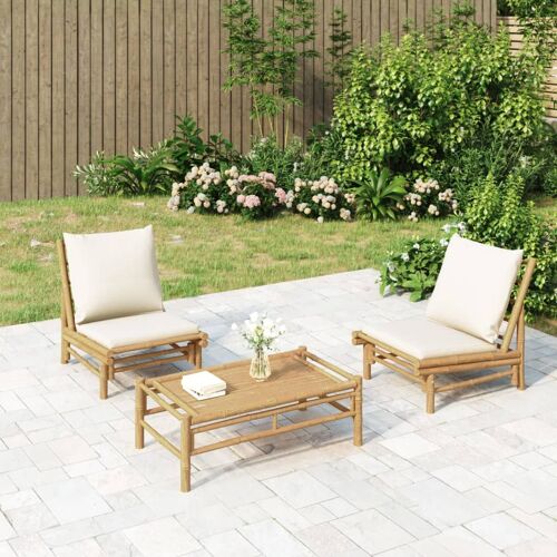 Vidaxl Salon De Jardin 3 Pcs Avec Coussins Blanc Crème Bambou