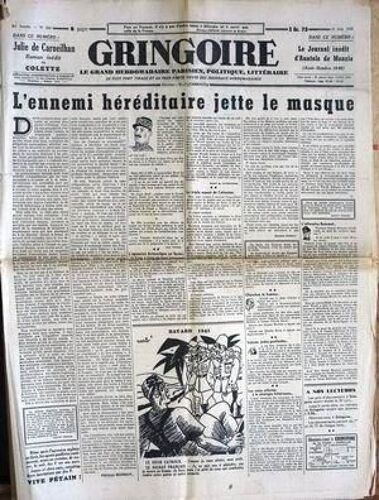 Gringoire N° 653 Du 13/06/1941 - L'ennemi Hereditaire Jette Le Masque   -   L'agression Britannique En Syrie  -   R. Recouly - L'offensive Rommel - Bayard 1941  -   Carb -Ph. Henriot - Le Journal Inedit D'anatole De Monzie - Julie De Carneilhan De...