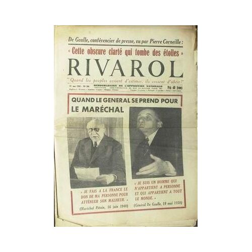 Rivarol N° 384 Du 22/05/1958 - De Gaulle  -   Pierre Corneille - Le Maechal Petain.