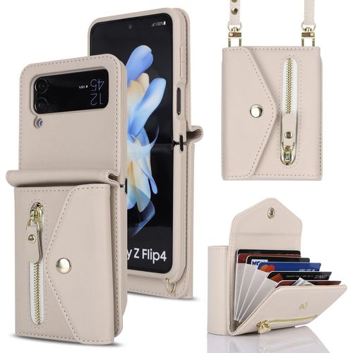 Coque Samsung Z Flip 4 Avec Cordon Porte Carte Coque Samsung Galaxy Z Flip 4 Zippé Portefeuille Femme Telephone Portable Réglable Collier Housse Étui Pour Femmes - Blanc Cassé