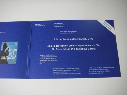 Cinéma, Carte D'invitation À La Cérémonie Des VUx Du Cnc Et À La Projection Avant-Première Du Film Un Beau Dimanche Nicole Garcia