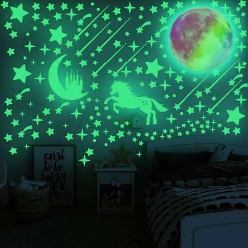 Lot de 296 autocollants étoiles phosphorescentes et 1 lune colorée brillante, autocollant de décoration murale de château fluorescent lumineux pour plafond de maison, décoration de chambre de bébé, ch