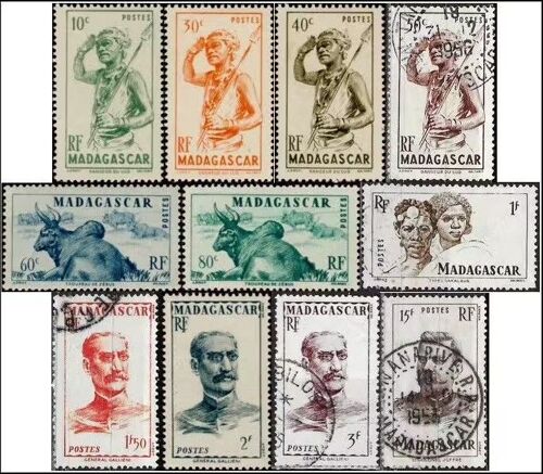 Madagascar, Colonie Française 1946, Beaux Timbres Yvert 300 301 302 303 Danseur Du Sud, 304 305 Zébus, 306 Homme Et Femme Sakalaves, 308 309 310 Général Galliéni Et 316 Colonel Joffre, Neufs**/*/Obli.
