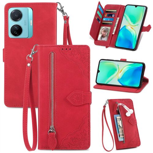 Saturcase Coque Pour Vivo S15e, Fleur Gaufrage Pu Cuir Magnétique Flip Portefeuille Poche Fermeture Éclair Support Porte-Carte Cordon Protecteur Housse Étui Pour Vivo S15e (Rouge)