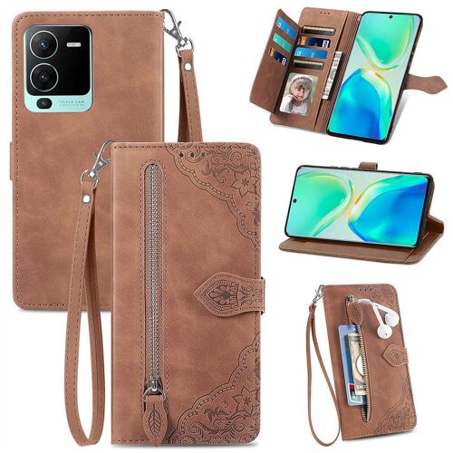 Saturcase Coque Pour Vivo S15 Pro, Fleur Gaufrage Pu Cuir Magnétique Flip Portefeuille Poche Fermeture Éclair Support Porte-Carte Cordon Protecteur Housse Étui Pour Vivo S15 Pro (Marron)