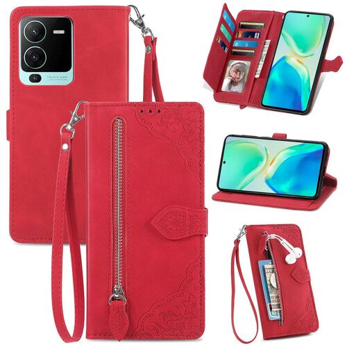 Saturcase Coque Pour Vivo S15, Fleur Gaufrage Pu Cuir Magnétique Flip Portefeuille Poche Fermeture Éclair Support Porte-Carte Cordon Protecteur Housse Étui Pour Vivo S15 (Rouge)
