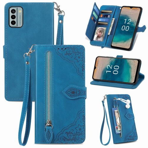 Saturcase Coque Pour Nokia G22, Fleur Gaufrage Pu Cuir Magnétique Flip Portefeuille Poche Fermeture Éclair Support Porte-Carte Cordon Protecteur Housse Étui Pour Nokia G22 (Bleu)