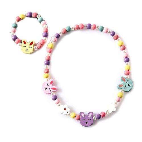 Ensemble Collier Et Bracelet De Perles En Bois Pour Filles, Mélange De Couleurs, Bijoux Princesse, Cadeaux, 1 Ensemble