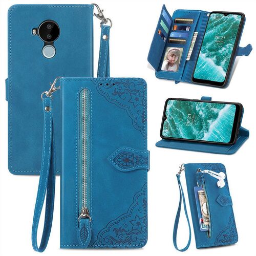 Saturcase Coque Pour Nokia C30, Fleur Gaufrage Pu Cuir Magnétique Flip Portefeuille Poche Fermeture Éclair Support Porte-Carte Cordon Protecteur Housse Étui Pour Nokia C30 (Bleu)