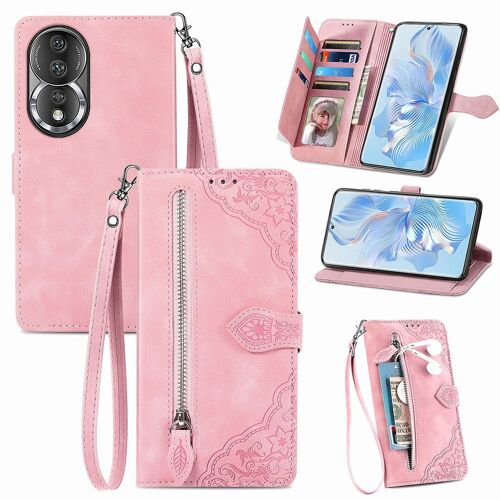 Saturcase Coque Pour Honor 80, Fleur Gaufrage Pu Cuir Magnétique Flip Portefeuille Poche Fermeture Éclair Support Porte-Carte Cordon Protecteur Housse Étui Pour Honor 80 (Rose)