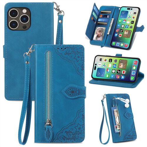 Saturcase Coque Pour Apple Iphone 14 Pro Max, Fleur Pu Cuir Magnétique Flip Portefeuille Poche Fermeture Éclair Support Porte-Carte Cordon Protecteur Housse Étui Pour Apple Iphone 14 Pro Max (Bleu)