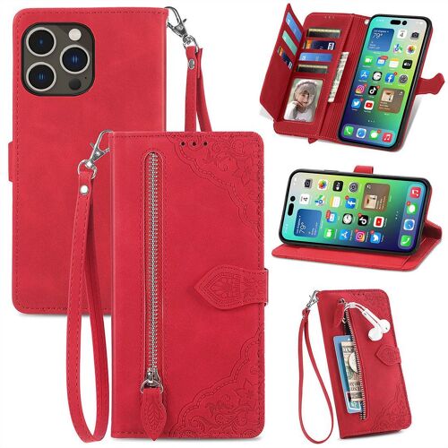 Saturcase Coque Pour Apple Iphone 14 Pro Max, Fleur Pu Cuir Magnétique Flip Portefeuille Poche Fermeture Éclair Support Porte-Carte Cordon Protecteur Housse Étui Pour Apple Iphone 14 Pro Max (Rouge)
