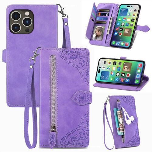 Saturcase Coque Pour Apple Iphone 14 Pro Max, Fleur Pu Cuir Magnétique Flip Portefeuille Poche Fermeture Éclair Support Porte-Carte Cordon Protecteur Housse Étui Pour Apple Iphone 14 Pro Max (Violet)
