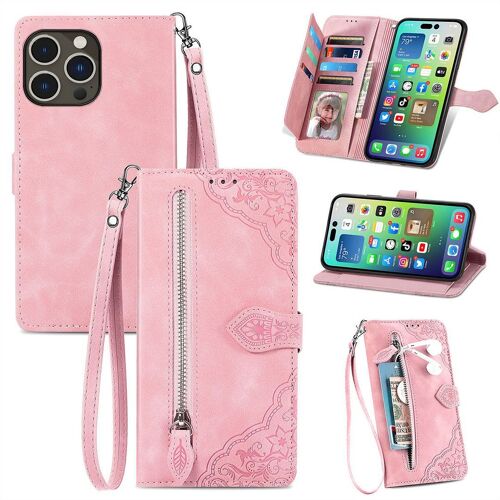 Saturcase Coque Pour Apple Iphone 14 Pro Max, Fleur Pu Cuir Magnétique Flip Portefeuille Poche Fermeture Éclair Support Porte-Carte Cordon Protecteur Housse Étui Pour Apple Iphone 14 Pro Max (Rose)