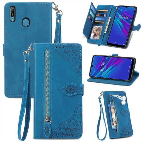 Saturcase Coque Pour Huawei Y6 2019, Fleur Pu Cuir Magnétique Flip Portefeuille Poche Fermeture Éclair Support Porte-Carte Cordon Protecteur Housse Étui Pour Huawei Y6 2019 / Y6 Prime 2019 (Bleu)