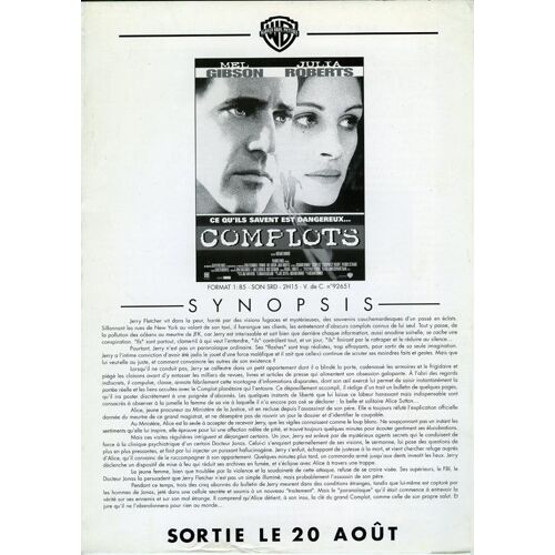 Complots, Synopsis Dépliant, De Richard Donner, Avec Mel Gibson, Julia Roberts, Patrick Stewart