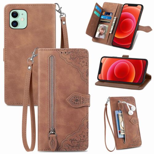 Saturcase Coque Pour Apple Iphone 12 Mini, Fleur Pu Cuir Magnétique Flip Portefeuille Poche Fermeture Éclair Support Porte-Carte Cordon Protecteur Housse Étui Pour Apple Iphone 12 Mini (Marron)