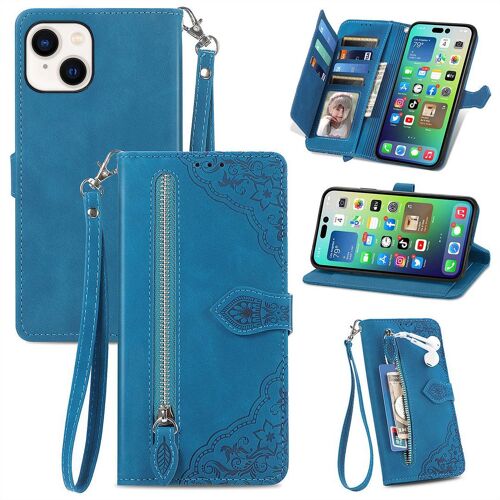 SATURCASE Coque pour Apple iPhone 14 Plus, Fleur Gaufrage PU Cuir Magnétique Flip Portefeuille Poche Fermeture éclair Support Porte-carte Cordon Protecteur Housse Étui pour Apple iPhone 14 Plus (Bleu)