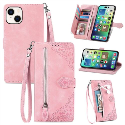 SATURCASE Coque pour Apple iPhone 14 Plus, Fleur Gaufrage PU Cuir Magnétique Flip Portefeuille Poche Fermeture éclair Support Porte-carte Cordon Protecteur Housse Étui pour Apple iPhone 14 Plus (Rose)
