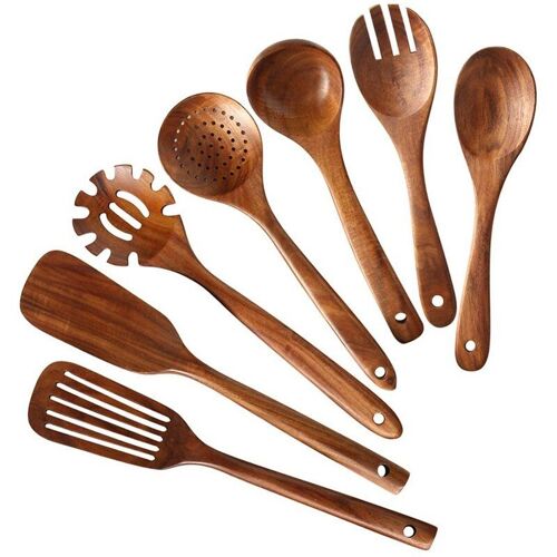 Ensemble D'ustensiles De Cuisine En Bois, Cuillères En Bois Pour La Cuisson Ensemble De Spatules De Cuisine En Bois De Teck Naturel Pour 7 Paquets Inclus