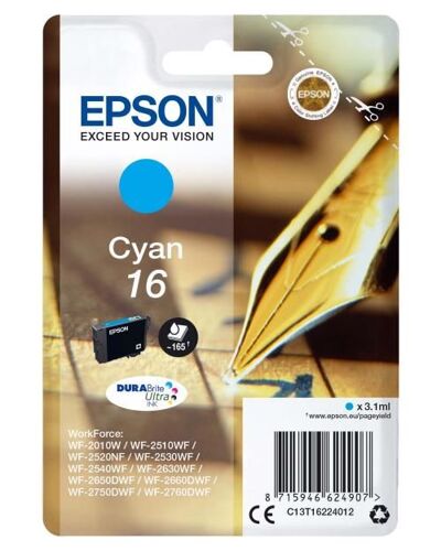 Epson 16 - 3.1 ml - cyan - original - emballage coque avec alarme radioélectrique - cartouche d'encre - pour WorkForce WF-2010, 2510, 2520, 2530, 2540, 2630, 2650, 2660, 2750, 2760