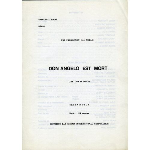 Don Angelo Est Mort, Dossier De Presse, De Richard Fleischer, Avec Anthony Quinn, Frederic Forrest