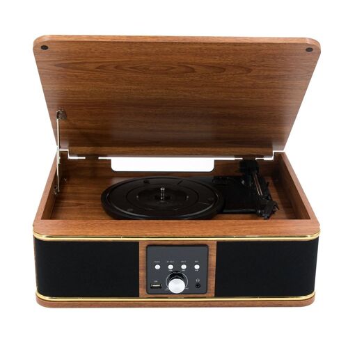 Platine vinyle Halterrego Boston av haut-parleurs intégrés, 3 vitesses, Bluetooth Entrée/sortie, RCA OUT, Aux IN, USB, adaptateur inclus, bois