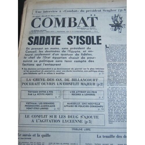   Combat N° 8943 Du 27/03/73 : Interview De Senghor / Sadate S'isole / Grève À Billancourt / Agitati