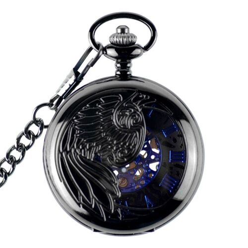 1 U Aigle/Ange/Phénix Bleu Chiffre Romains Cadran Mécanique Montre De Poche Squelette En Acier Pendentif Collier Noir