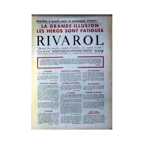 Rivarol N° 404 Du 09/10/1958 - La Campagne D'hiver  -   La Grande Illusion   -   Les Heros Sont Fatigues - L'express  -   F. Mauriac - Gazette De Lauzanne  -   R. Lombard - Le Figaro  -   J.F. Chauvel - Manchester Guardia - La Tribune De Geneve  -...