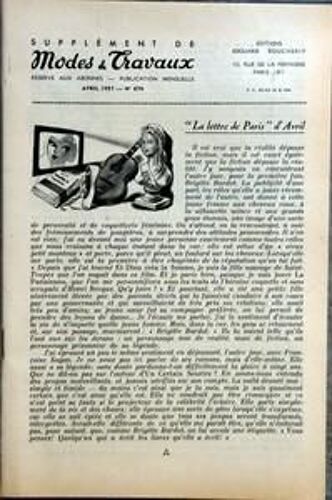 Modes Et Travaux N° 676 Du 01/04/1957 - Supplement La Lettre De Paris D'avril  -   Brigitte Bardot - Balzac Et La Paix Du Menage