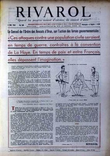 Rivarol N° 590 Du 03/05/1962 - Le Conseil De L'ordre Des Avocats D'oran Sur L'action Des Forces Gouvernementales  -   Convention De La Haye - Ben.