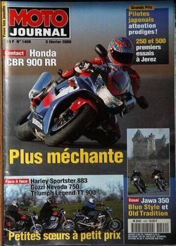 Moto Journal N° 1409 Du 03/02/2000 - Honda Cbr 900 Rr - Harley Sportster 883  -   Guzzi Nevada 750  -   Triumph Legend Tt 900 - Jawa 350 Blue Style Et Old Tradition - Pilotes Japonais - 250 Et 500  -   1ers Essais A Jerez.