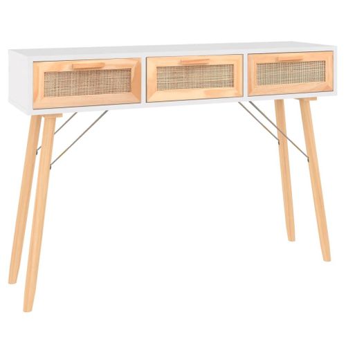 Vidaxl Table Console Blanc 105x30x75 Cm Bois Massif Pin /Rotin Naturel