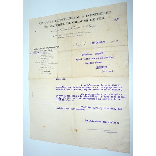 Ateliers De Locomotives De Nevers, Plm, Facture Du 30 Octobre 1929