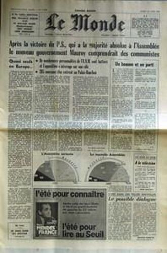 Monde (Le) N° 11320 Du 23/06/1981 - Mm. M. Ulrich Et R. Faure Demissionnent - Apres La Victoire Du P.S.  -   Le Nouveau Gouvernement Mauroy - L'art Dans Les Villes Nouvelles.