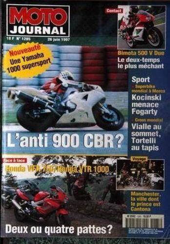 Moto Journal N° 1285 Du 26/06/1997 - Bimota 500 V Due - Sport  -   Superbike Mondial A Monza   -   Kocinski Menace Fogarty - Cross Mondial  -   Vialle  -   Tortelli - L'anti 900 Cbr  -   Yamaha 1000 Supersport - Honda Vfr 750  -   Honda Vtr 1000 -...