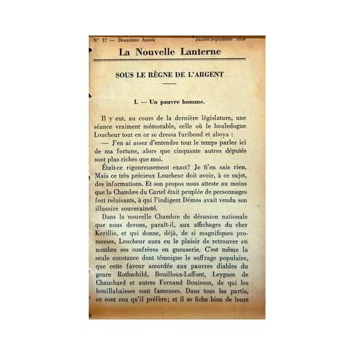 Nouvelle Lanterne (La) N° 17 Du 01/07/1928 - Sous Le Regne De L'argent