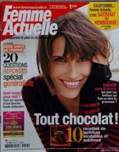 Femme Actuelle N° 1256 Du 20/10/2008 - Serie Sante Au Feminin 20 Questions Reponses Special Generaliste Quel Rouge Pour Moi Tous Les Secrets D'une Bouche Haute Seduction Tout Chocolat 10 Recettes De Lectrices Inratables Et Sublimes Enceinte Sans L...