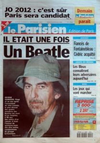 Parisien Edition De Paris (Le) N° 17800 Du 01/12/2001 - J.O. 2012 , C'est Sur Paris Sera Candidat Il Etait Une Fois Un Beatle, George Harrison Est Mort - Noel , Les Jeux Qui Vont Marcher Coupe Du Monde, Les Bleus Connaitront Leurs Adversaires Aujo...