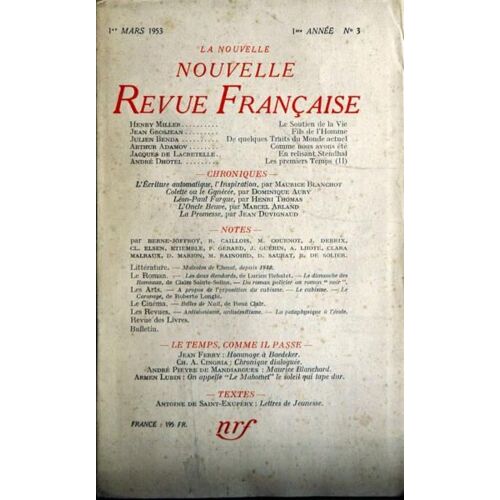 Nouvelle Revue Francaise (La) N° 3 Du 01/03/1953 - H. Miller - J. Grosjean - J. Benda - A. Adamov - J. De Lacretelle - A. Dhotel - M. Blanchot - D. Aury - H. Thomas - M. Arland - J. Duvignaud - Berne-Joffroy - Gaillois - Cournot - Debrix - Elsen -...