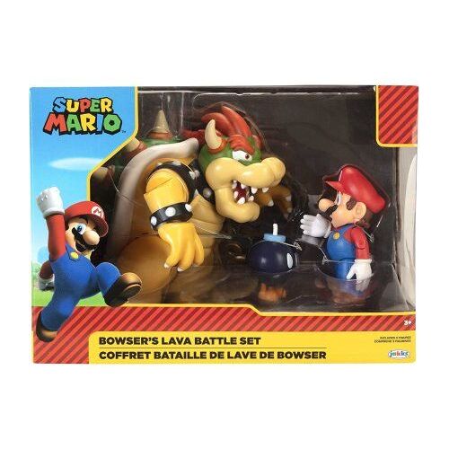 Coffret Super Mario 3 Figurines Bowser Bomb Mario Articule - Set Bataille de la lave + 1 Carte Tigre - Enfant