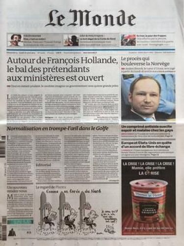 Monde (Le) N° 20913 Du 15/04/2012 - Autour De Hollande Le Bal Des Pretendants Aux Ministeres Est Ouvert - Le Proces Qui Bouleverse La Norvege - Normalisation En Trompe-L'oeil Dans Le Golfe - Un Comprime Antisida Suscite Espoir Et Malaise Chez Les ...