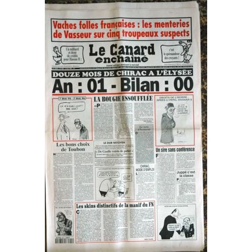 Canard Enchaine (Le) N° 3941 Du 08/05/1996 - Vaches Folles Francaises  -   Les Menteries De Vasseur Sur 5 Troupeaux Suspects - Un Milliard Et Demi De Credits Pour Hassan Ii - Juppe - Les Skins Distintifs De La Manif Du Fn.
