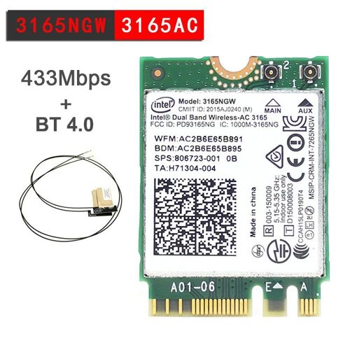 Color 3165ngw AC WiFi Carte Carte Réseau Sans Fil Double Bande 2.4g / 5Ghz AC, Intel NGFF 802.11AC, Wi-Fi 3165ngw m.2 WLAN + Bluetooth 4.0, 2 antennes