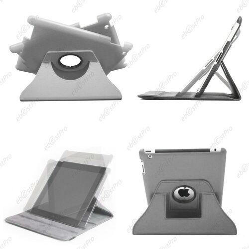 Ebeststar ® 1 Verre Trempé + Coque Etui Pu Cuir Housse Rotative Support À Rotation 360° Pour Apple Ipad 4 Écran Retina, Ipad 4, Ipad 3, Ipad 2, Couleur Gris