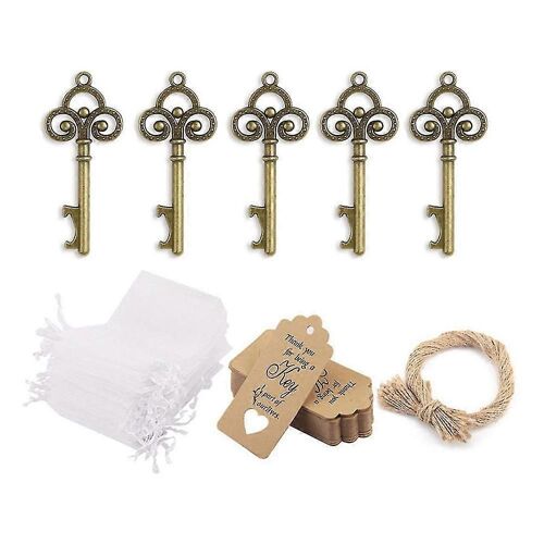 50 Pcs Rustic Vintage Skeleton Key Bottle Opener With Tag Cards Sheer Bag For Guests Wedding Party