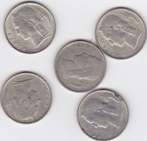 Lot 5 Piece De 1 Franc Belge 1952 1964, 1969 1970 1971 Belgique
