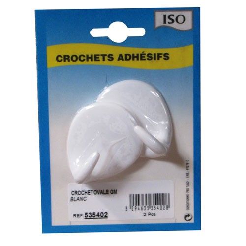 Crochet adhésif ovale céramique - grand modèle - lot de 2 - blanc
